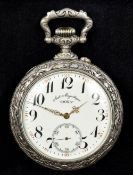 A large Doxa Anti-magnetique pocket watch The reverse embossed with a steam train. 7 cm diameter.