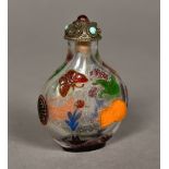 A Chinese Peking cameo glass snuff bottle Decorated with a cat and butterflies. 6.5 cm high.