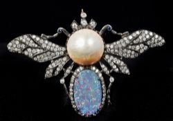 A diamond, opal and pearl brooch Formed