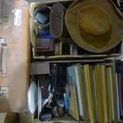 Two boxes of miscellaneous items, including pictures, a tin trunk, etc.