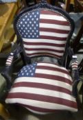 An armchair upholstered in the United States flag