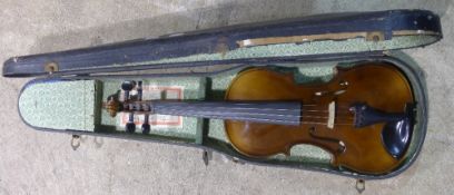 A cased German violin and bow