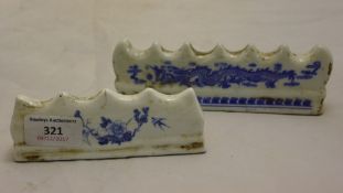 Two blue and white porcelain brush rests
