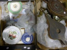 Two boxes of miscellaneous items, including a plated kettle on stand, a pair of Victorian bellows,