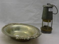 A Wolf type FS miners lamp and a plated tureen base