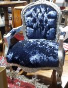A blue upholstered child's chair
