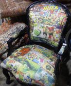 An armchair upholstered in comic book scenes