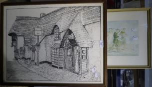 A large pen and ink drawing of an Old English pub,