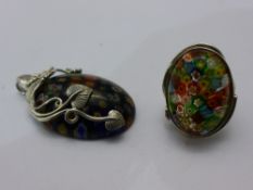 A silver and millefiori pendant and ring