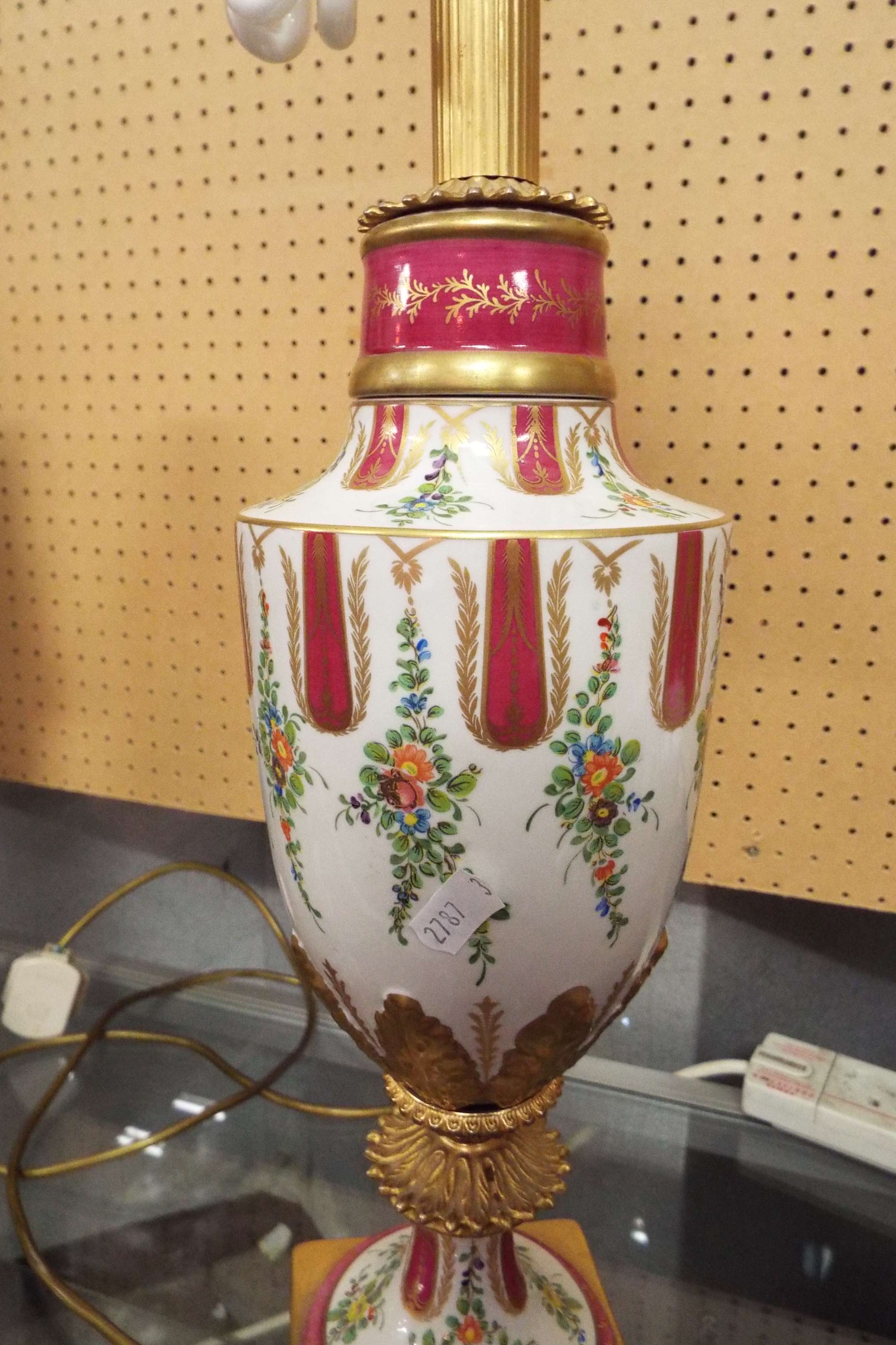 A 19thC Sevres porcelain and gilt lamp decorated with garlands of flowers and laurels of urn form - Image 2 of 4