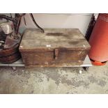 An early 20thC metal bound pine tool box and tools