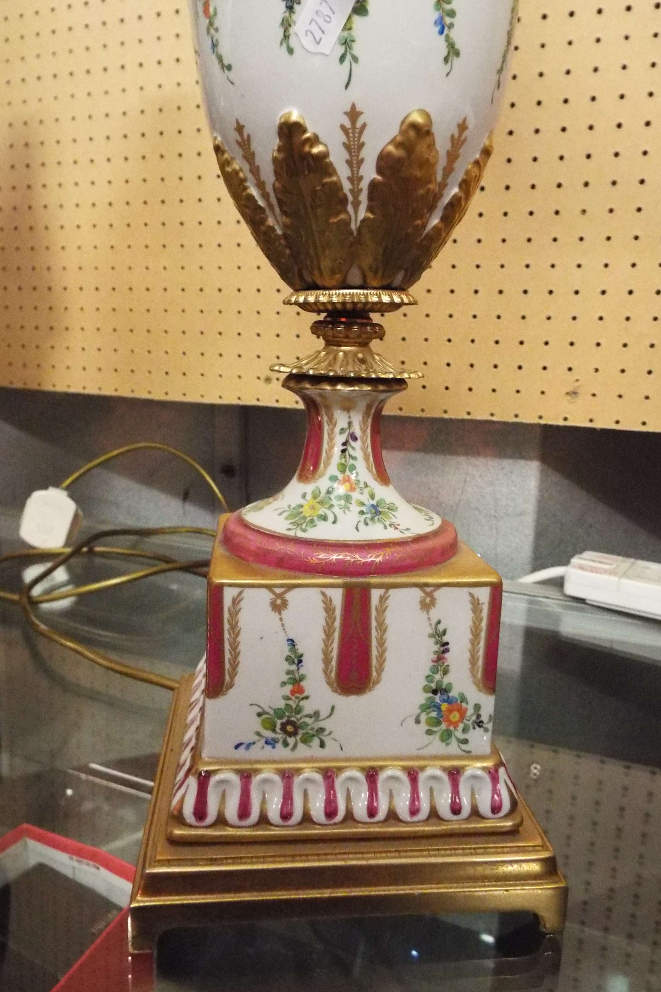 A 19thC Sevres porcelain and gilt lamp decorated with garlands of flowers and laurels of urn form - Image 3 of 4