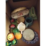 A box of china to include oriental salt and pepper, Rye Pottery pin dish,