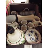 A mixed selection of Iden and Rye Pottery mugs, beakers, vases,