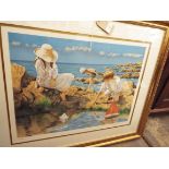 BRYAN EVANS print of three children rockpooling, signed and marked 'E.A.