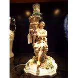 A 19thC continental Meissen style figurative candlestick depicting a classical female with putti