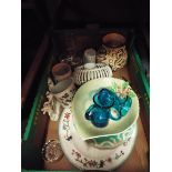 A selection of ceramics to include Carlton ware leaf dish, two Whitefriars blue glass jugs,