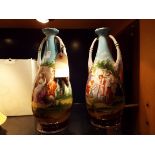 A pair of Victorian twin handled bottle shaped vases decorated with classical figures