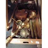 A selection of brass and copperware including a pair of trench art shell vases,