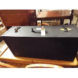 A large iron bound painted pine tool chest/strong box