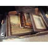 A box of assorted antique pictures, paintings, engravings etc to include oil landscapes, prints,