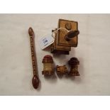 A selection of Tunbridgeware including early sewing clamp with pin cushion, glove darner,