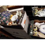 Two boxes of mixed ceramics to include blue and white tea pots, tureen etc glass fruit bowls,