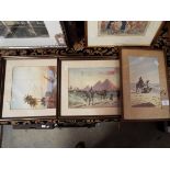 Three Eastern watercolours of figures on camels in the desert, signed indistinctly below,