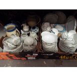 Two boxes of assorted ceramics to include a Japanese eggshell tea set, Denby jugs,