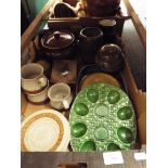 A box of assorted studio pottery to include dishes, pots, vases,