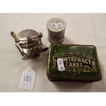 A Monkhill Works Pontefract advertising tin together with a Rumney's tin and Portage Atlas fishing