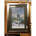 A large print of the Crooked Spire in Chesterfield after the original watercolour by MICHAEL GROVES,
