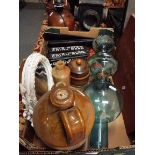 A selection of miscellaneous items to include a blue glass oil lamp, stoneware bottles, flagon,