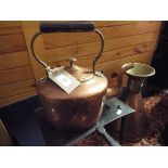 A copper and brass gallon jug together with a brass kettle and metal trivet