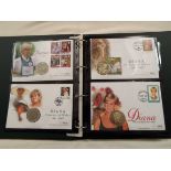 An album containing coinage and first day covers depicting Princess Diana