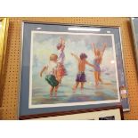 A limited edition print 'Surf Dancers' of children playing in the surf, numbered 183 of 650,