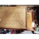 Two Edwardian oak twin handled trays one with arcaded carved border