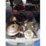 A box of assorted silver plate to include tea pots, trays etc.