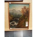An early 20thC oil on panel landscape view of a waterfall with autumnal trees and mountains beyond,