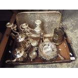 A selection of silver plate to include galleried tray, tea and coffee pot, candelabra, sugar sifter,