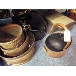 A selection of assorted brass ware to include embossed coal bucket