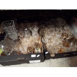Two boxes of assorted crystal and glass ware to include decanters, vases, wine, sherry,