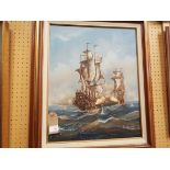 J HARVEY oil on canvas seascape with tall ships in battle,