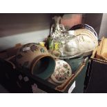 Two boxes of Victorian and later ceramics and glass including vases, plates, tureens,