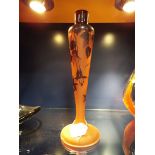 A reproduction Galle glass lamp base with etched copper coloured leaf decoration