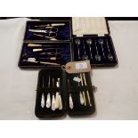 Two cased mother of pearl handled and bone manicure sets together with a cased set of silver plated