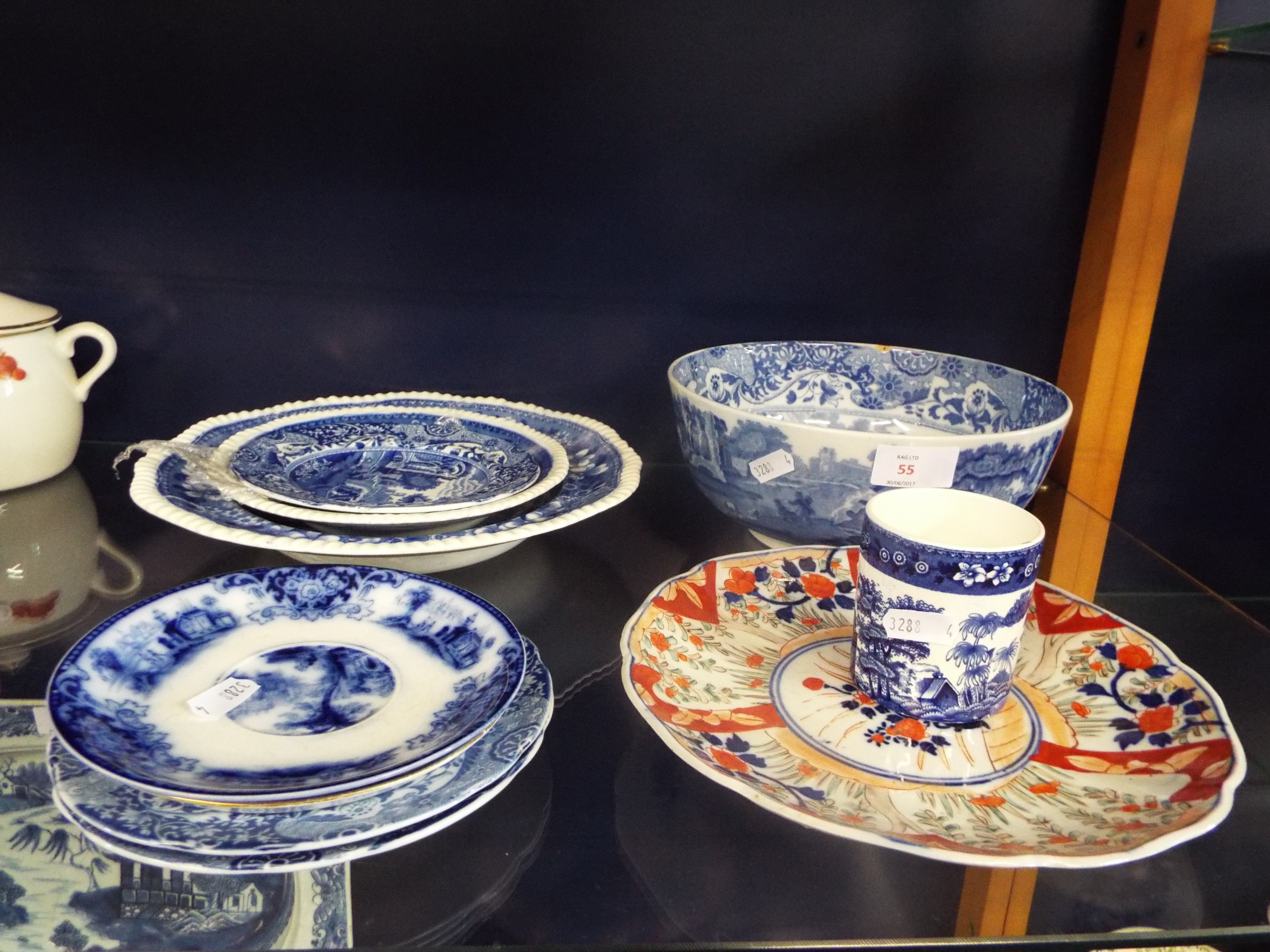 A selection of blue and white china to include Grindley, Wedgwood,
