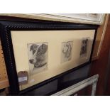 A mid-20thC triptych of pencil portraits of dogs, all signed,