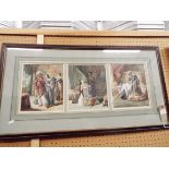 A 19thC triptych watercolour depicting Middle Eastern gentlemen in costume with Victorian ladies,