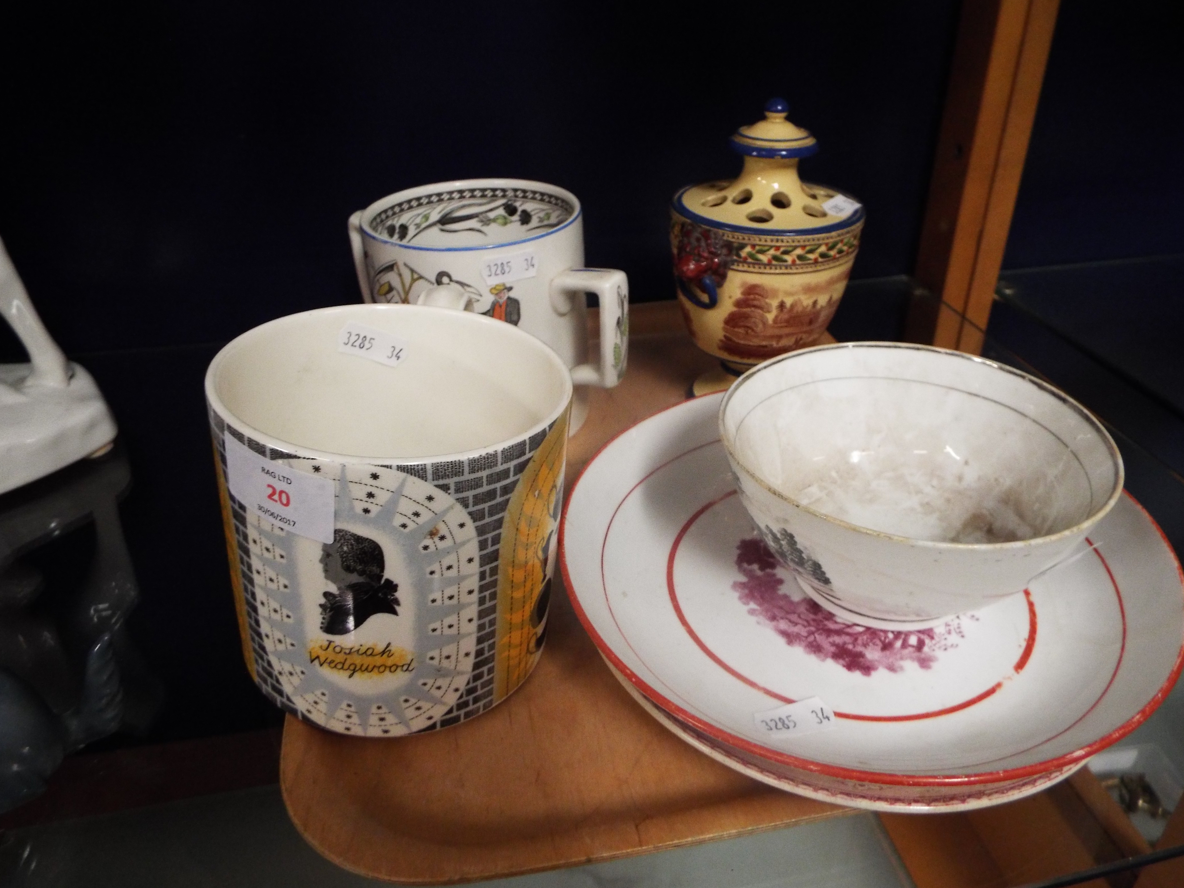 An antique 'God Speed the Plough' farmer's loving cup, lusterware dish, posy vase (possibly Minton),